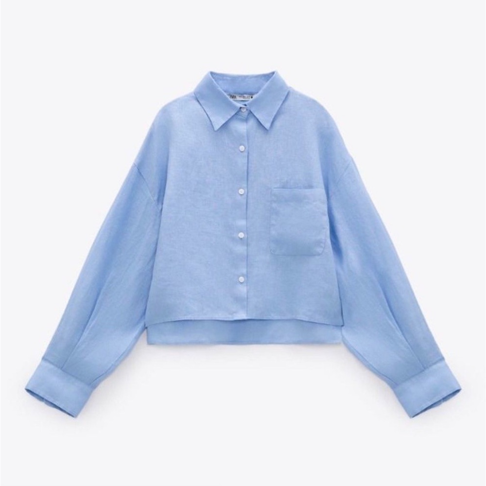 Zara Light Blue Cropped Button-Up Shirt